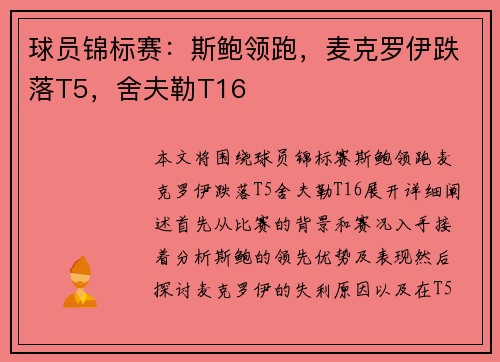 球员锦标赛：斯鲍领跑，麦克罗伊跌落T5，舍夫勒T16